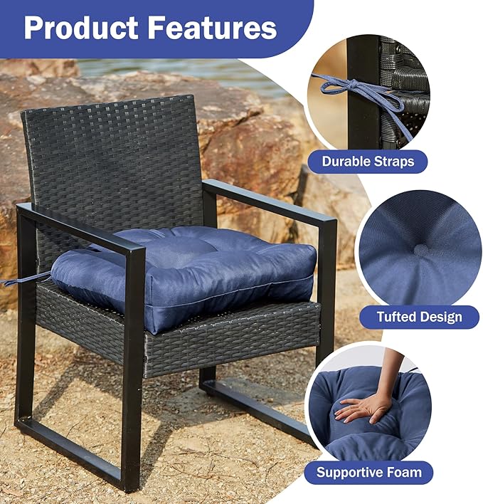 Outdoor Chair Cushions Set of 2, Patio Chair Cushions with Ties, 19x19+5” Tufted Outdoor Seat Cushions, Waterproof Patio Furniture Cushions, Outdoor Dining Chair Pads, Navy