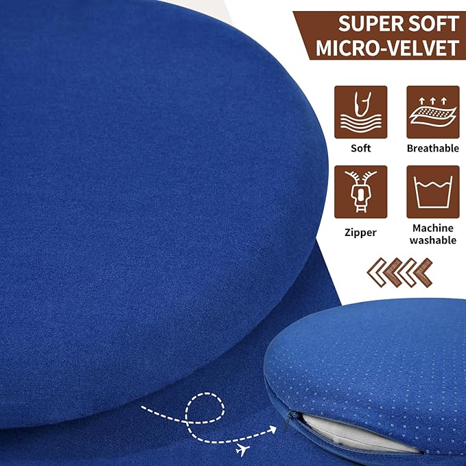 BUYUE Memory Foam Seat Cushion, Dia 15" Soft Velvet Round Stool Cushion Anti-Slip Chair Pads, M, Navy Blue