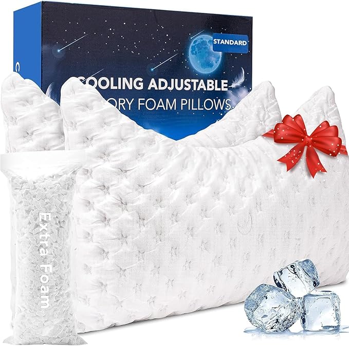 Cooling Side Sleeper Pillow for Neck and Shoulder Pain, Luxury Shredded Memory Foam Curved Bed Pillows for Sleeping Set of 2- Adjustable Standard Size- Washable Cover Crescent White