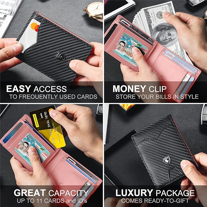 GSOIAX Slim Wallet for Men Rfid Blocking Leather Bifold Front Pocket Carbon Fiber Credit Card Holder Novelty Wallets With Gift Box (Pink and Carbon Black)