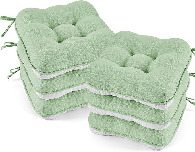 BETU Chair Cushions for Dining Chairs Set of 6,3.5" Thick Kitchen Table Chair Pads with Ties,Non Slip Backing and Covers, Home Decor Seat Cushion for Dining Room,Bar,Patio Chairs16"X16"X3.5"Sage Green