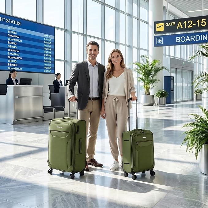 2PCS Set（22in/28in）Softside Luggage Sets w/TSA LOCK,Expandable 20% Luggage w/Spinner Wheels,Upright Spinner Softshell,Lightweight Durable Rolling Travel Luggage Set for Men/Women（Green,22in/28in）