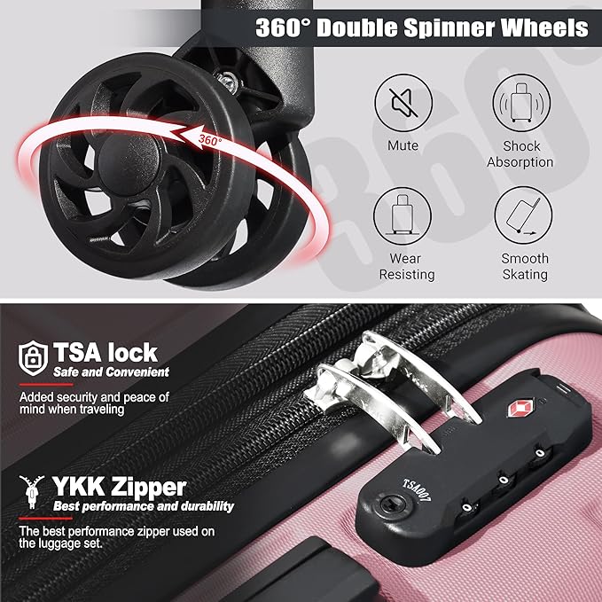 Classic 3-Piece Luggage Set with TSA Lock, Lightweight Suitcase with Spinner Wheels, Hardshell Expandable Carry-On Luggage, 20/24/28 inch, Pink