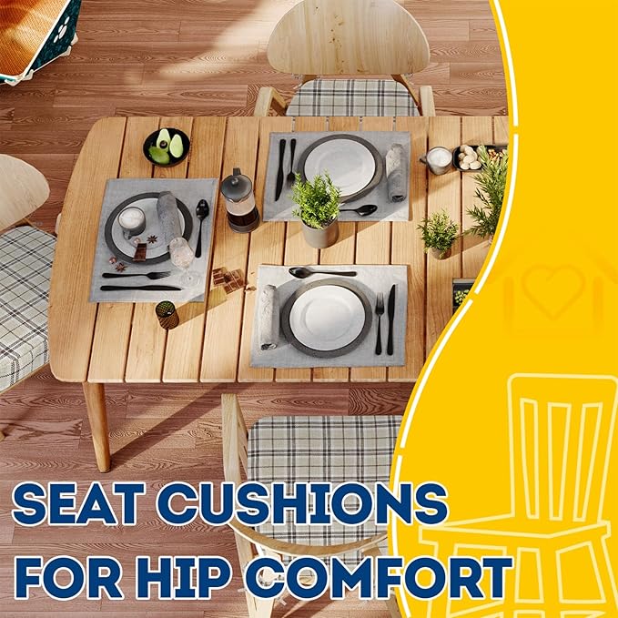 AAAAAcessories D-Shaped Chair Cushions, 2" Thick Dining Chair Pads with Ties and Removable, Machine-Washable Cover, 17" x 16", Set of 8, Yellow Checkered