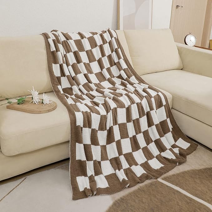 bearberry Fuzzy Checkerboard Grid Throw Blanket Knitted Soft Cozy Warm Microfiber Blanket Decor for Couch Sofa Bed Travel Home (Mocha, 40''x50'')