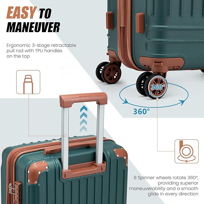 KUNEL Expandable 5 Piece Luggage Sets with Detachable Spinner Wheels and TSA Lock, Unisex Hardside ABS Suitcase Set, Hardshell Lightweight Waterproof Travel Hard Case Suitcases with Wheels, DarkGreen