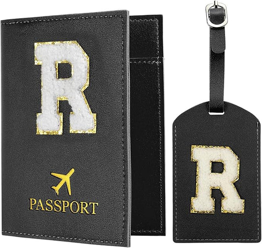 PATIKIL Passport Holder for Travel, Initial Passport Cover and Luggage Tag Set with Alphabet Chenille Letter Patch Travel Wallet Bag Suitcase Identifier for Women Family Travel Black R