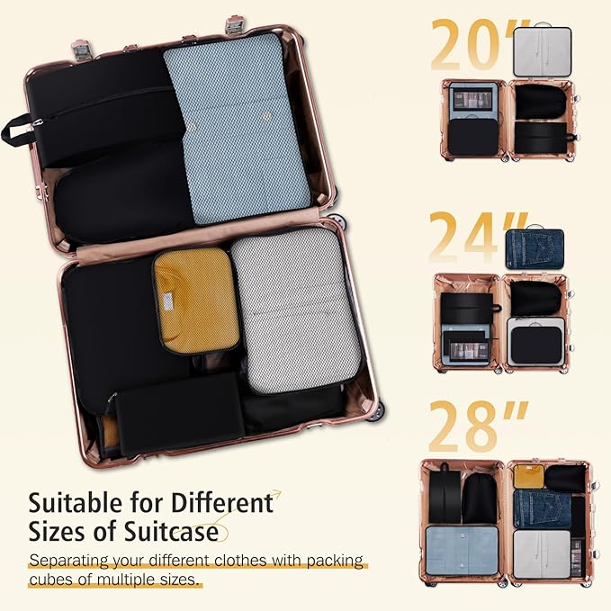 8 Set Packing Cubes for Travel Essentials, Organizers for Suitcase and Luggage in 4 Sizes, Luggage Organizer with Toiletries/Laundry/Shoes/Sock Bags (Black)