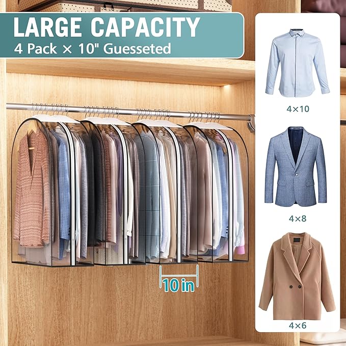 Liuoud Clear Garment Bag for Hanging Clothes 10” Gusseted, 32” Suit Bags for Open Closet Storage Plastic Clothes Cover for Coat, Dress, Shirts, Fur, Jacket, Wardrobe Protectors, 4 Pack