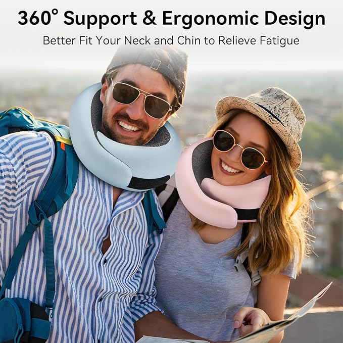 Travel Neck Pillow for Airplanes, Premium Memory Foam Neck Pillow with Ergonomic 360° Support, Travel Essentials for Plane, Car, Train and Home, Max Black