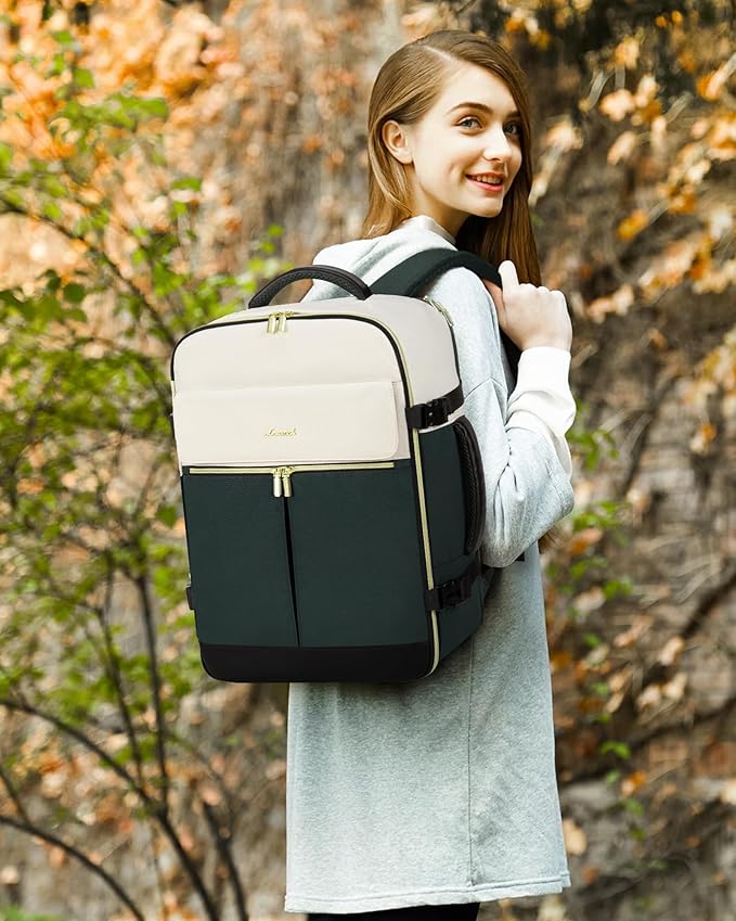 LOVEVOOK Travel Backpack, Carry On Backpack for Women, 40L Flight Approved Personal Item Backpack, Large Water Resistant Luggage Daypack with 3 Packing Cubes, fits 17inch Laptop, Beige-green-black