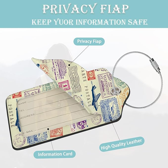 Travel Stamp Luggage Tags for Suitcase,2 Pack Retro Passport Carte Postale Luggage Tag Leather Privacy Cover ID Label with Stainless Steel Loop for Women Men Kids Girls