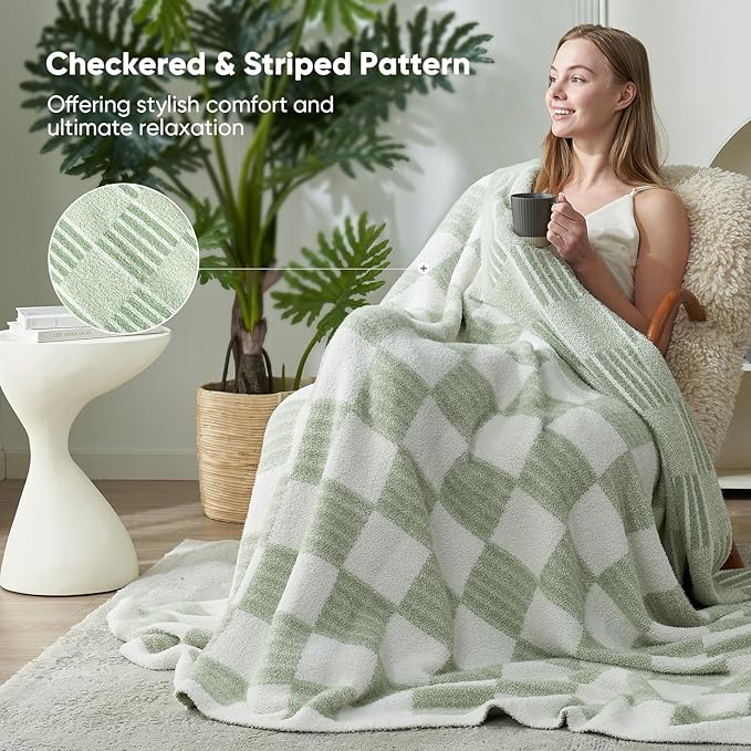 Snuggle Sac Faux Fur Checkered Blanket Twin Size,Super Soft Reversible Cozy Warm Blanket for Sofa Bedroom,Cute Lightweight Striped Throws for Women,Heather Sage Green,60x80 inches