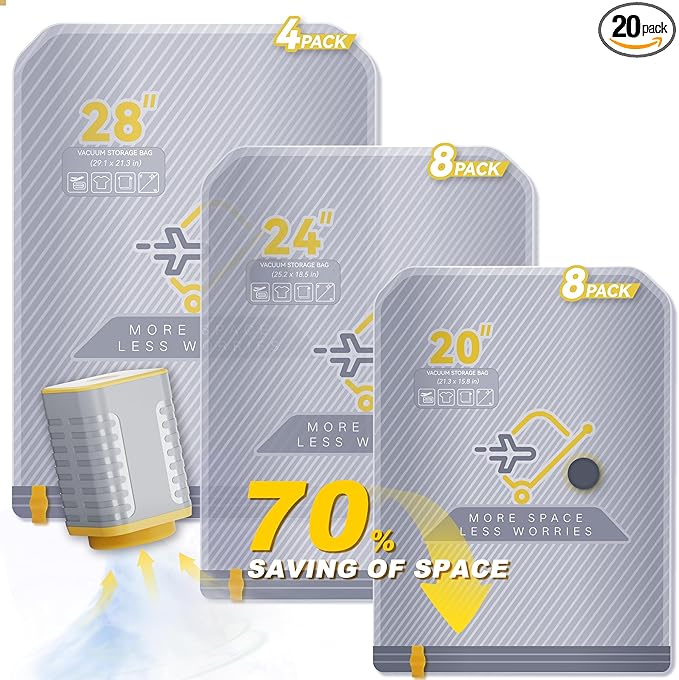 20-Pack Vacuum Bags for Travel with Wireless Rechargeable Pump, Carry-on Size Compression Packing Bags for Luggage & Suitcase, Space Saver for Clothes & Clothing, 20 Combo Travel Size, Fast 3S Vacuum