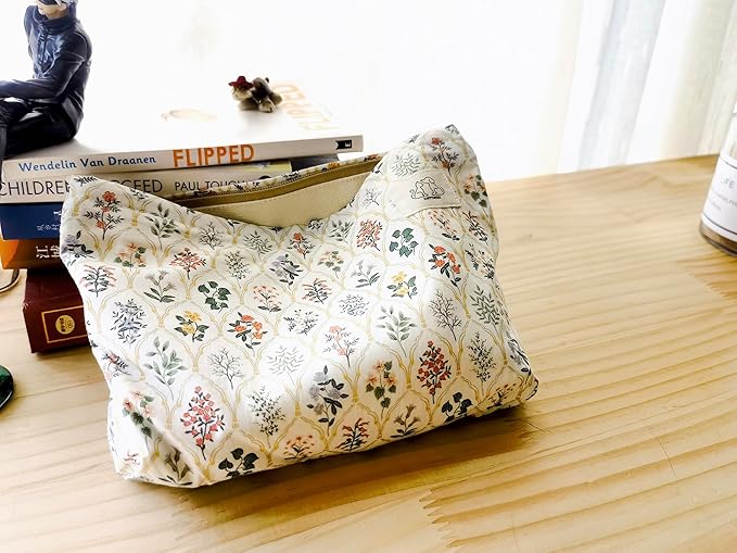 HAPPYHEIDI Large Aesthetic Floral Cotton Makeup Bag with Pocket Cute Cosmetic Travel Pouch, Make Up Organizer, Lightweigt, Zipper Closure