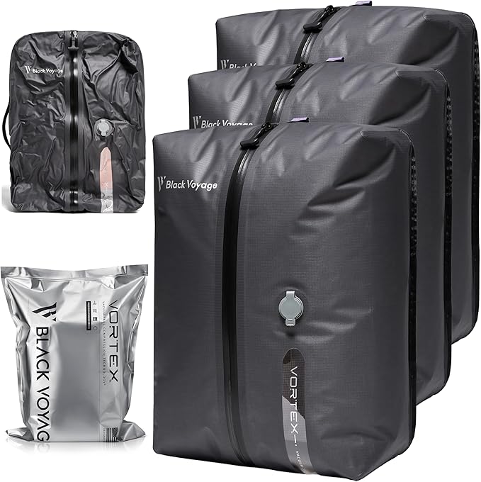 Black Voyage Reusable Vacuum Compression Travel Bag for Carry-On Suitcase and Backpack, Recycled IP67 Waterproof Space Saver Vacpack (3-Pack, 18L - No Pump)