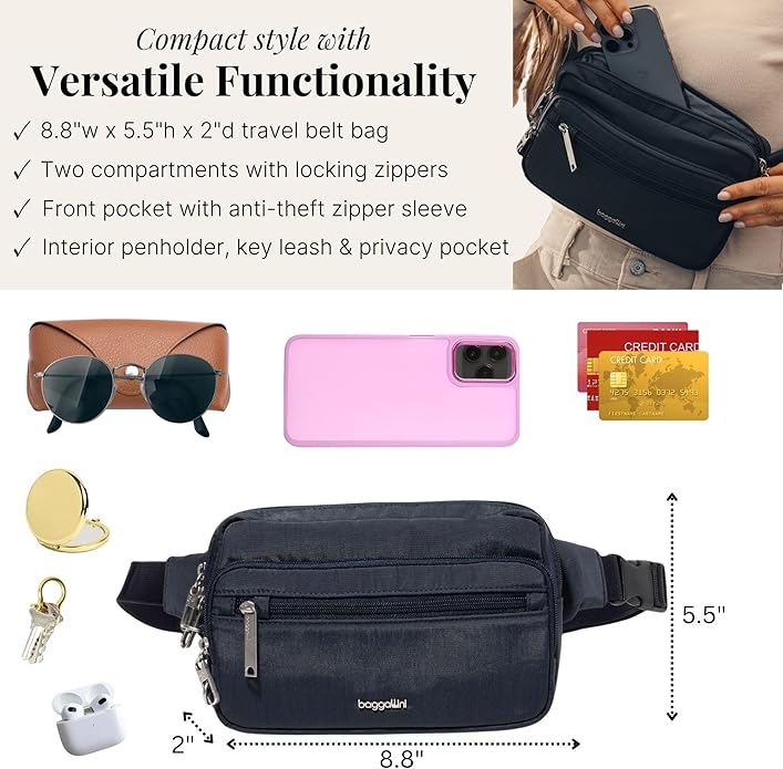 Baggallini Securtex Anti-theft Belt Bag 8.8"x5.5" Crossbody Fanny Pack for Women RFID Wallet Locking Zipper Travel Purse