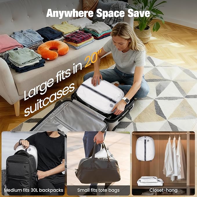 3 Pack Vacuum Bags for Travel with Pump, 3-Size Set Reusable Vacuum Compression Bags for Luggage, Space Saver IP67 Waterproof Vacuum Packing Cubes for Suitcase&Backpack, White