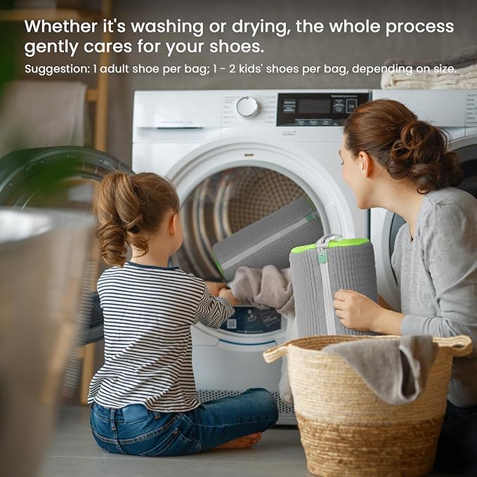1pc Shoe Washing Machine Bag, Sneaker Laundry Bag for Washing Machine, Extra Long and Thick Microfibre Fluff, Reusable for Washer and Dryer (1pc, Greyish Green)