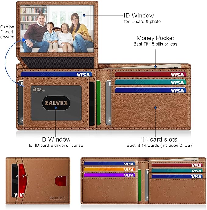 Wallet for Men Slim RFID Blocking Leather Credit Card Holder Wallet for 14 Cards, Bifold Minimalist Thin Wallet with 2 ID Windows & Cash Slot, Front Pockt Carteras Para Hombres, Birthday Gifts for Men