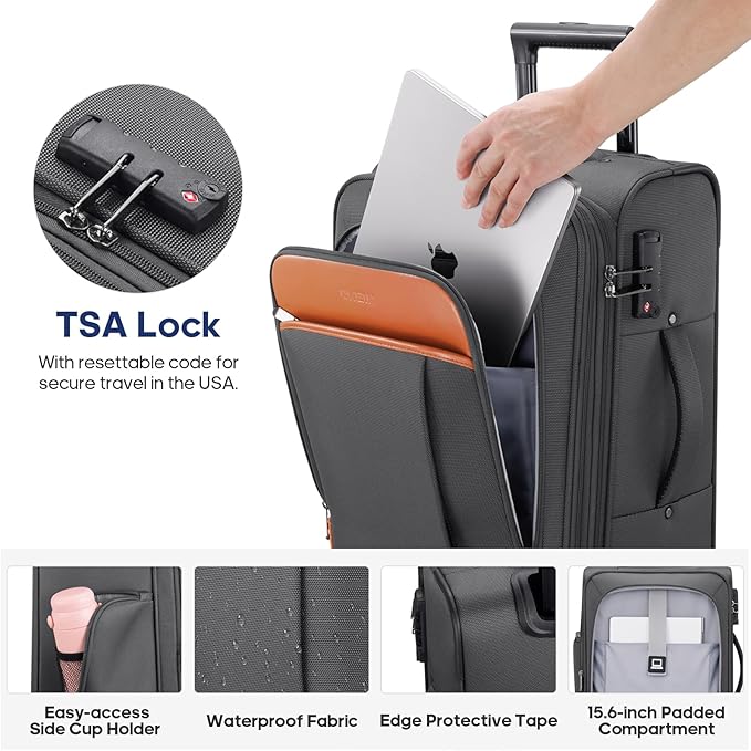 UKEIN Expandable Carry On Luggage 22x14x9 Airline Approved, 20Inch Softside Carry On Suitcase with Wheels & TSA Lock, Travel Suitcase with 4-Piece Packing Bags for Women Men (Grey, Carry on （20in）)