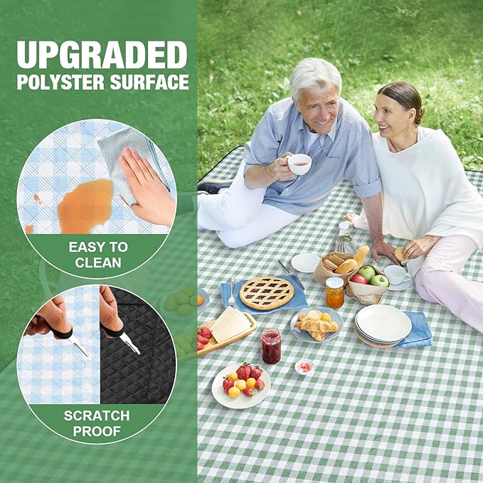 G GOOD GAIN Picnic Blankets Outdoor Extra Large - 80"x80" Portable Waterproof Picnic Blanket, Machine Washable 3-Layer Foldable Park Mat with Sandproof Backing for Grass, Hiking, Travel (Olive Green)