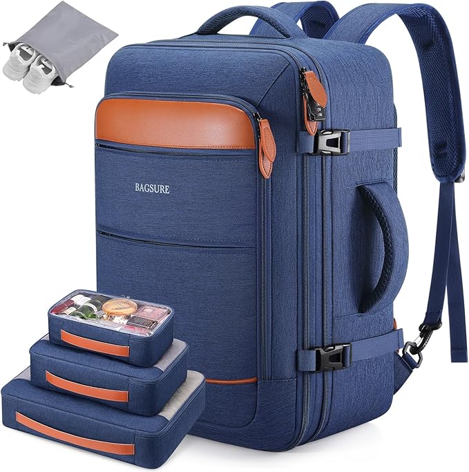 Bagsure Travel Backpack Carry On Backpack 42L Flight Approved, Expandable Laptop Backpack with Packing Cubes & Shoe Pocket, Water Resistant Luggage Backpack for Men Women, Large Backpack 20 * 14 * 7"