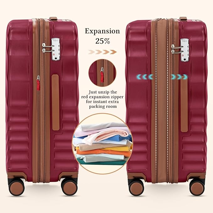 5 piece Luggage Set Expandable Suitcase 22x14x9 Airline Approved Carry on, ABS Hard Case Suitcases with Spinner Wheels, TSA Lock (Red)