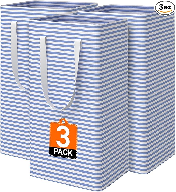 3 Pack Large Laundry Basket,Waterproof & Freestanding Laundry Hamper,Collapsible Clothes Hampers with Easy Carry Long & Reinforced Handles in Bathroom,College Dorm(88Lx3,Blue)
