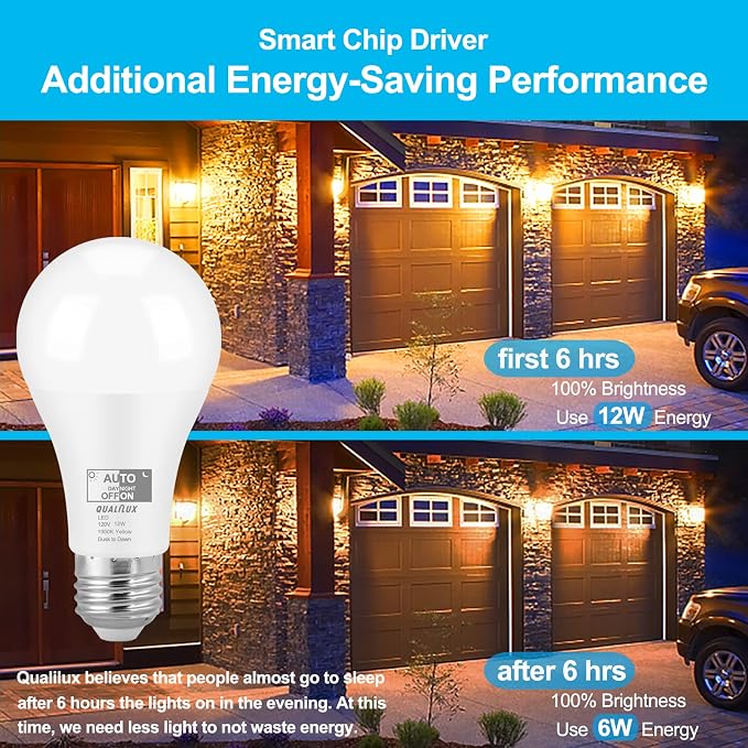 Qualilux Dusk to Dawn Light Bulbs, Auto On/Off Light Sensing LED Bulbs Outdoor, Amber Yellow Bug Light, A19 4-Pack, 12W 800LM 60W Equivalent, HQ-H020