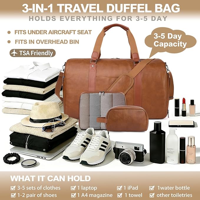 Large 3-in-1 Leather Duffle Bag for Travel Weekender Overnight Hospital Gym Bag for Men & Women, Carry On Airline Approved Personal Item Duffel Garment Bag Luggage with Shoe Compartment & Toiletry Bag