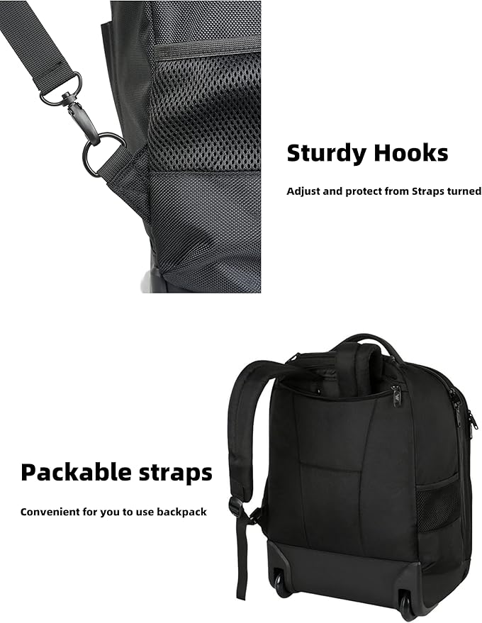 MATEIN Wheeled Backpack, 18 inch Laptop Backpack with Wheels for College, Rolling Travel Backpack, Carryon Trolley Luggage Suitcase Compact Business Computer Bag for Men Women, Black