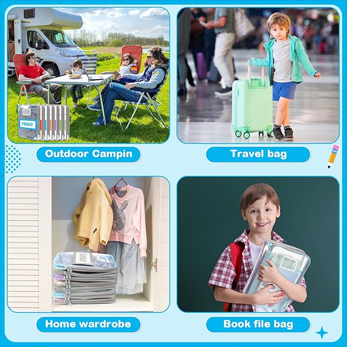 Honoson 7 Pack Packing Cubes for Travel Days of Week Packing Cubes with Labels Clear Zippered Storage Bag for Travel Summer Camp Essentials
