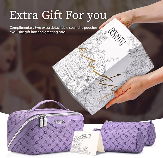 BOYATU Travel Makeup Bag Cosmetic Bags for Women: 3 Pcs Set Large Capacity Make up Bag with Handle - Vegan Leather Toiletry Bags with Compartments - Makeup Organizer for Travel Essentials(A-9-Purple)