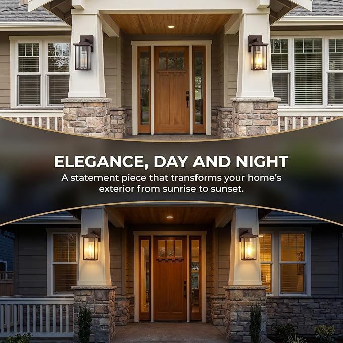 2 Pack Bronze Porch Light, Rust-Resistant Outdoor Wall Light | Corrosion-Resistant Metal, Waterproof, Textured Glass Cuts Glare, Easy DIY Install on Porch, Garage