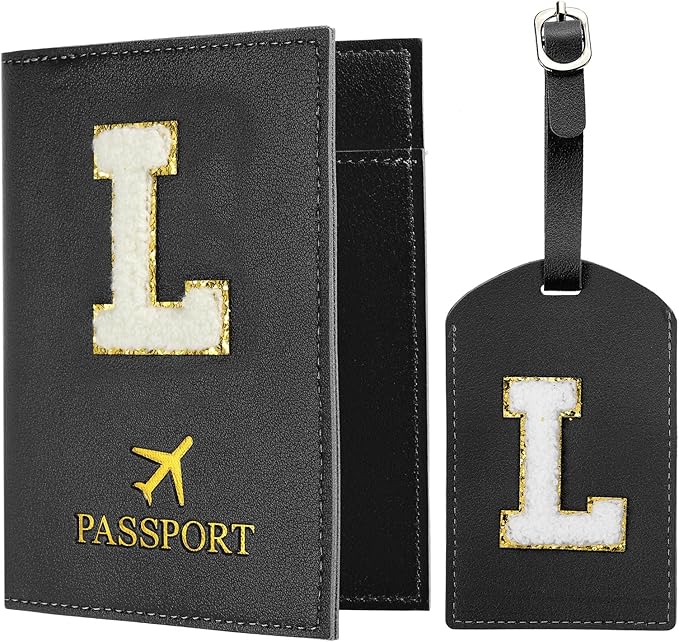 PATIKIL Passport Holder for Travel, Initial Passport Cover and Luggage Tag Set with Alphabet Chenille Letter Patch Travel Wallet Bag Suitcase Identifier for Women Family Travel Black L