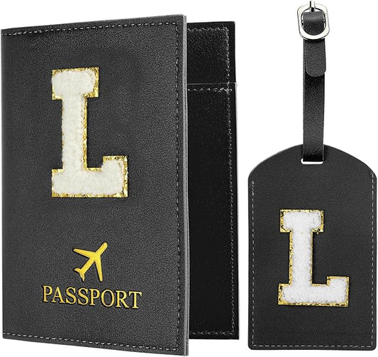 PATIKIL Passport Holder for Travel, Initial Passport Cover and Luggage Tag Set with Alphabet Chenille Letter Patch Travel Wallet Bag Suitcase Identifier for Women Family Travel Black L