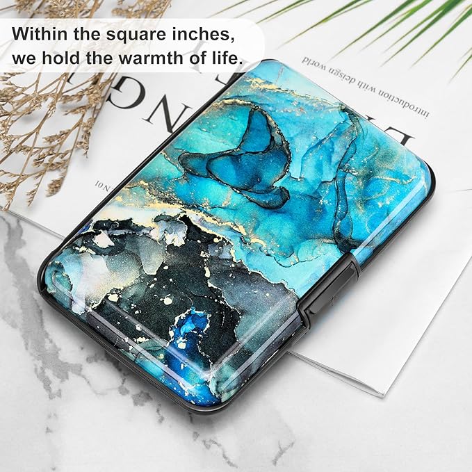 ELFISH RFID Blocking Credit Card Protector Aluminum ID Case Hard Shell Business Card Holders Metal Wallet for Men or Women (Graygreen Marble)