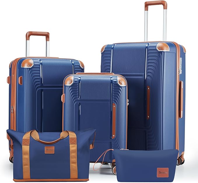 5 Piece Luggage Sets PP Hardshell with Duffel & Toiletry Bag, Carry-on Suitcase Set (20/24/28) with Detachable Spinner Wheels, YKK Zippers & Corner Guards, Lightweight TSA Lock (Navy Blue)