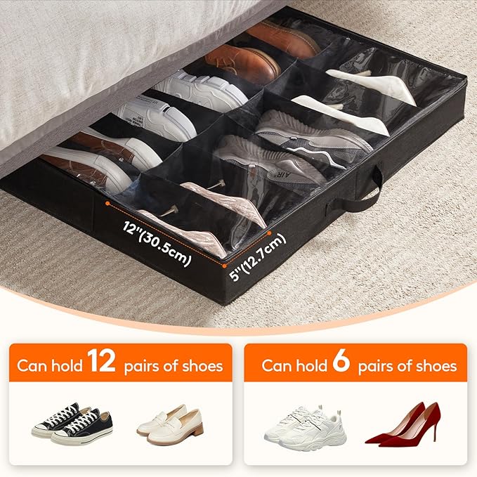 Lifewit Under Bed Shoe Storage Organizer 3 Pack(12 Pairs), 4.3" Tall Fabric Shoes Container Box, Foldable Closet Shoe Bag with 2 Reinforced Handles and Clear Cover, Black