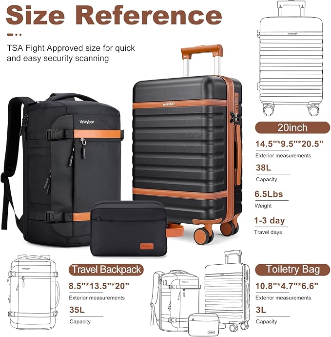 Luggage Sets 3 Piece with Spinner Wheels, Lightweight PC Hardside Suitcase with TSA Lock & YKK Zippers, 20 Inch Carry On Luggage with Travel Bag for Men and Women, Black