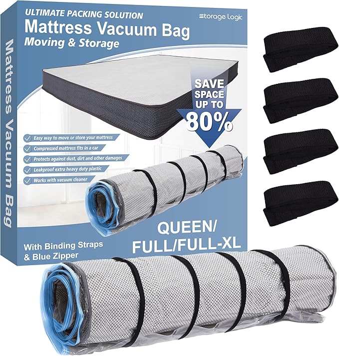 Storage Logic Foam Mattress Vacuum Bag with Blue Zipper, Mattress Storage Bag, Straps Included, Queen/Full/Full-XL