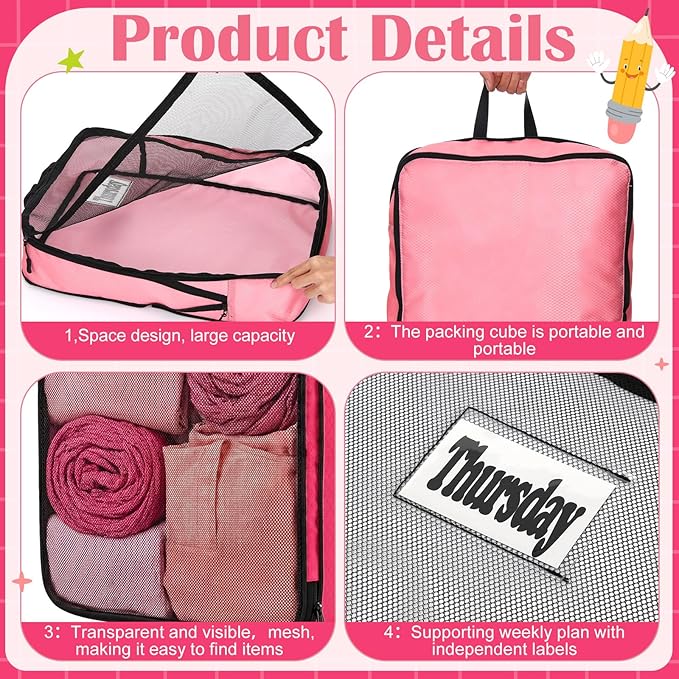 7 Pcs Packing Cubes for Travel Large Days of Week Compression Packing Cube with Labels Luggage Organizers Storage Bag(Pink)