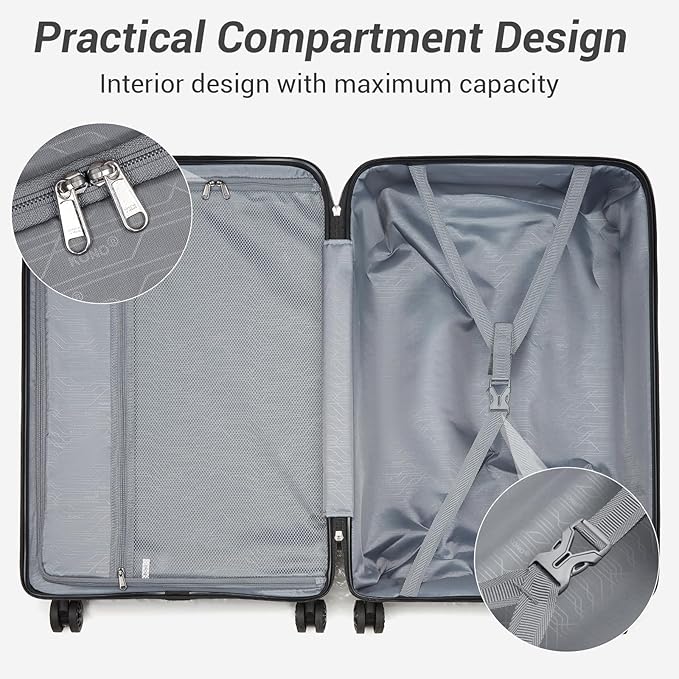 Kono Carry On Luggage 28 Inch Checked-Large Hard Shell Travel Trolley 4 Spinner Wheels Lightweight Polypropylene Suitcase with TSA Lock, Black