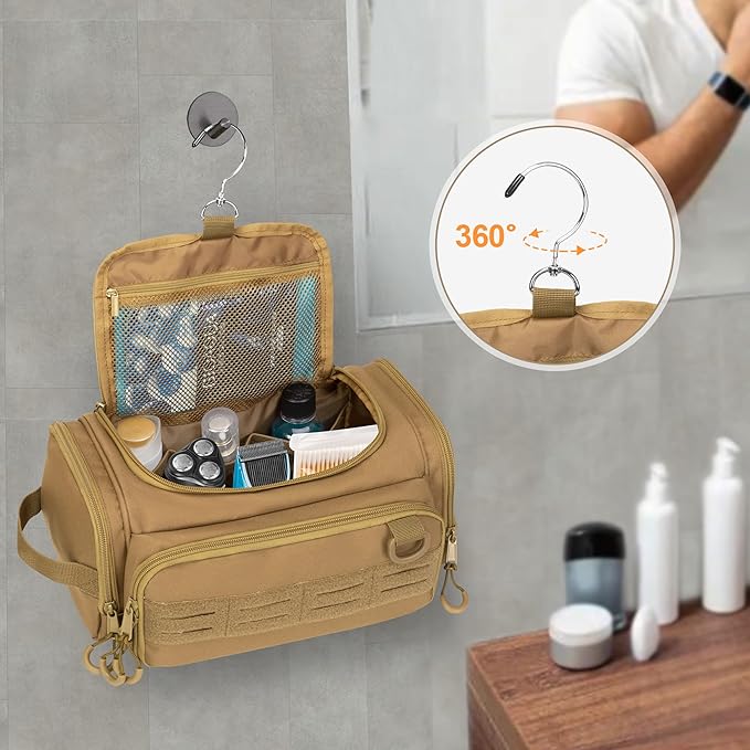 Tactical Toiletry Bag for Men, Hanging Hygiene Bag, Travel Dopp Kit Organizer for Shaving, Shower Essentials and Toiletries, Khkai (Empty Bag)