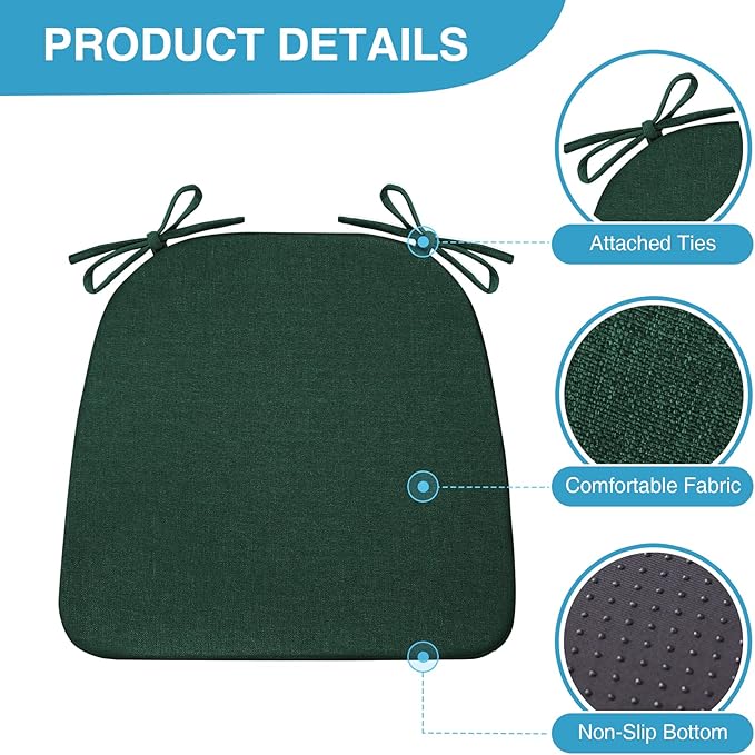 Chair Cushions for Dining Chairs Set of 6, Non Slip Kitchen Chair Pads, 17" x 16" x 2", Indoor Dining Chair Cushions with Ties, D-Shaped Seat Cushions for Kitchen Chairs, Dark Green