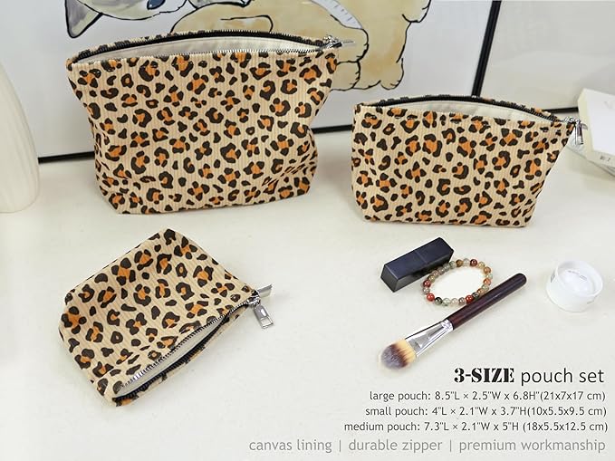 HAPPYHEIDI Leopard Corduroy Makeup Bag Cosmetic Toiletry Travel Pouch Car Organizer, 3-Size, Vintage Brown Coquette Cheetah