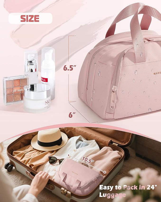 Travel Makeup Bag, Small Size Waterproof Toiletry & Cosmetic Organizer with Leakproof Pockets for Bathroom or Vanity Use for Women, Pink