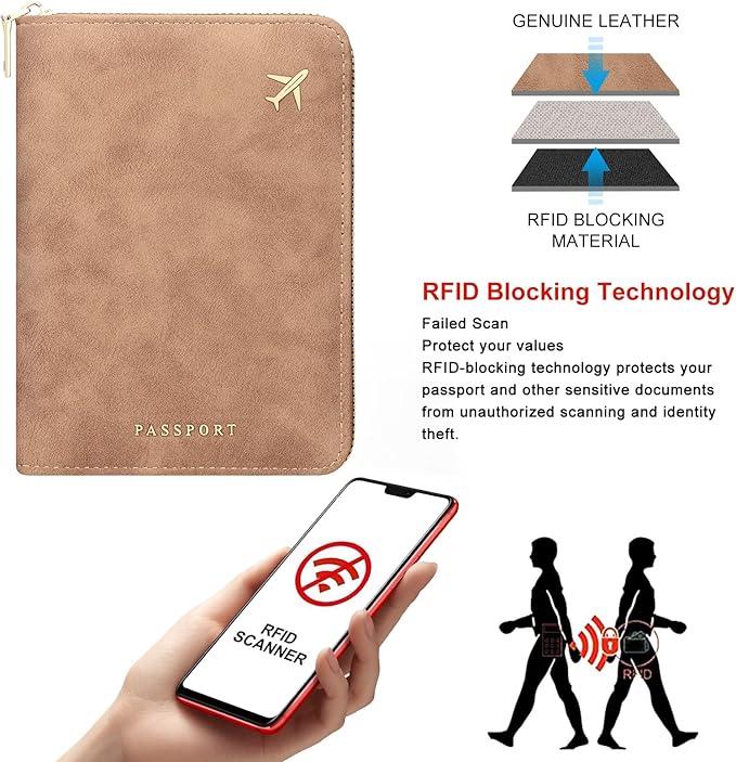 defway Passport Holder Travel Wallet - RFID Passport Holder, Zip Closure Card Cover, PU Leather Travel Wallet, RFID Blocking Secure Document Organizer Travel Essentials (Light Brown)
