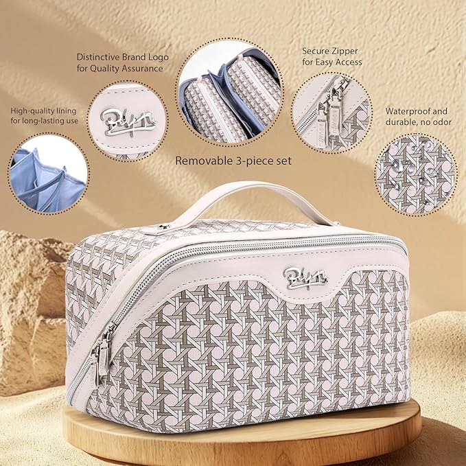 BOYATU Travel Makeup Bag Cosmetic Bags for Women: Large Capacity 3 Pcs Set Make up Bag with Compartments - Waterproof Vegan Leather Toiletry Organizer Bags with Handle (M-80Off-white)